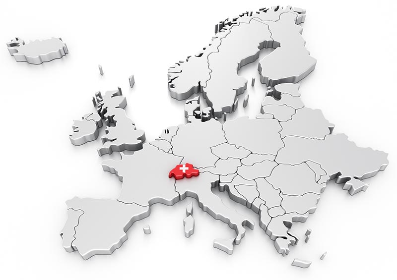 Europa Karte mit der Schweiz Zentral hervorgehoben